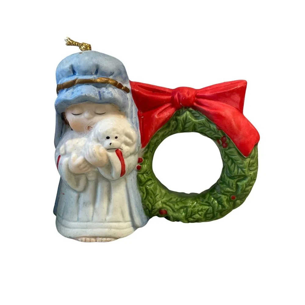 VTG‎ Jasco Lil Chimers Ceramic Christmas Angel Shepherd Napkin Rings Set Of 2